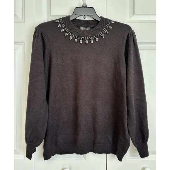 WOMEN'S BLACK JEWELED SWEATER CREW NECK LONG SLEEVE KNIT SIZE 2X G GREIGE - Picture 2 of 10